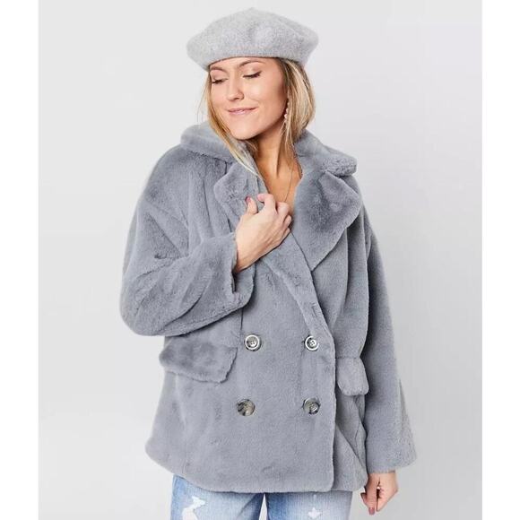 Free People Kate Faux Fur Coat Cloudy Day Gray Faux Fur Double Breasted Jacket - Picture 4 of 16